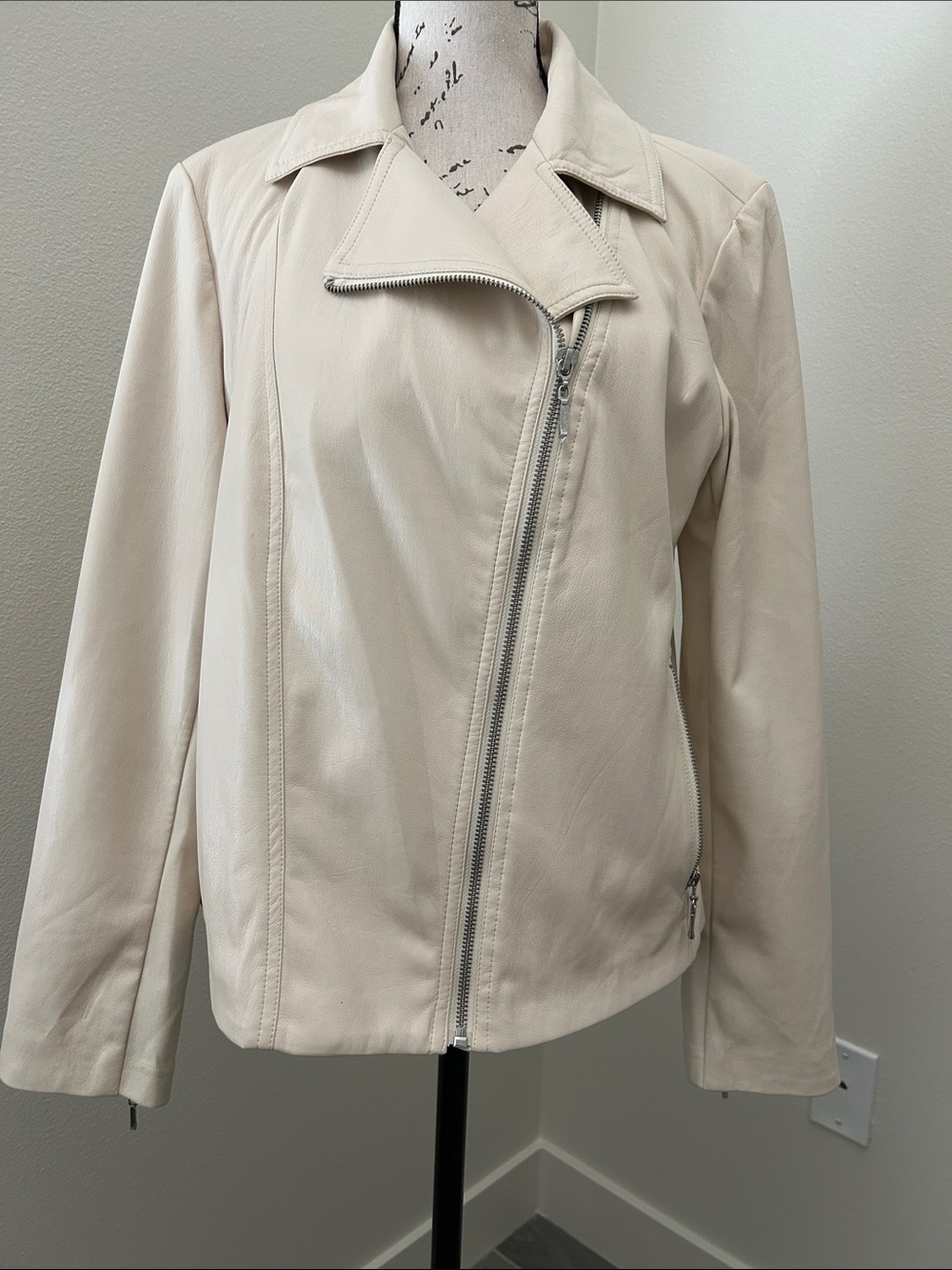 Chico’s Cream Asymmetrical Zip Faux Leather Jacket